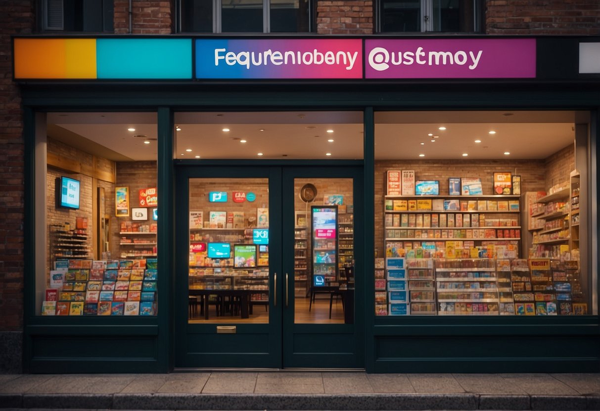 A colorful digital storefront with "Frequently Asked Questions" displayed prominently, surrounded by various Nintendo eShop products and icons