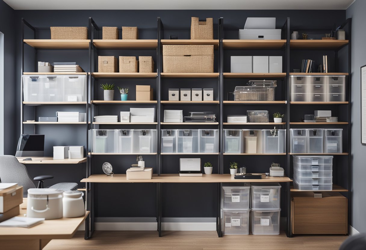 A tidy home office with organized shelves, labeled storage bins, and a clear desk with minimal items. A file cabinet and wall organizers help keep papers and supplies in order