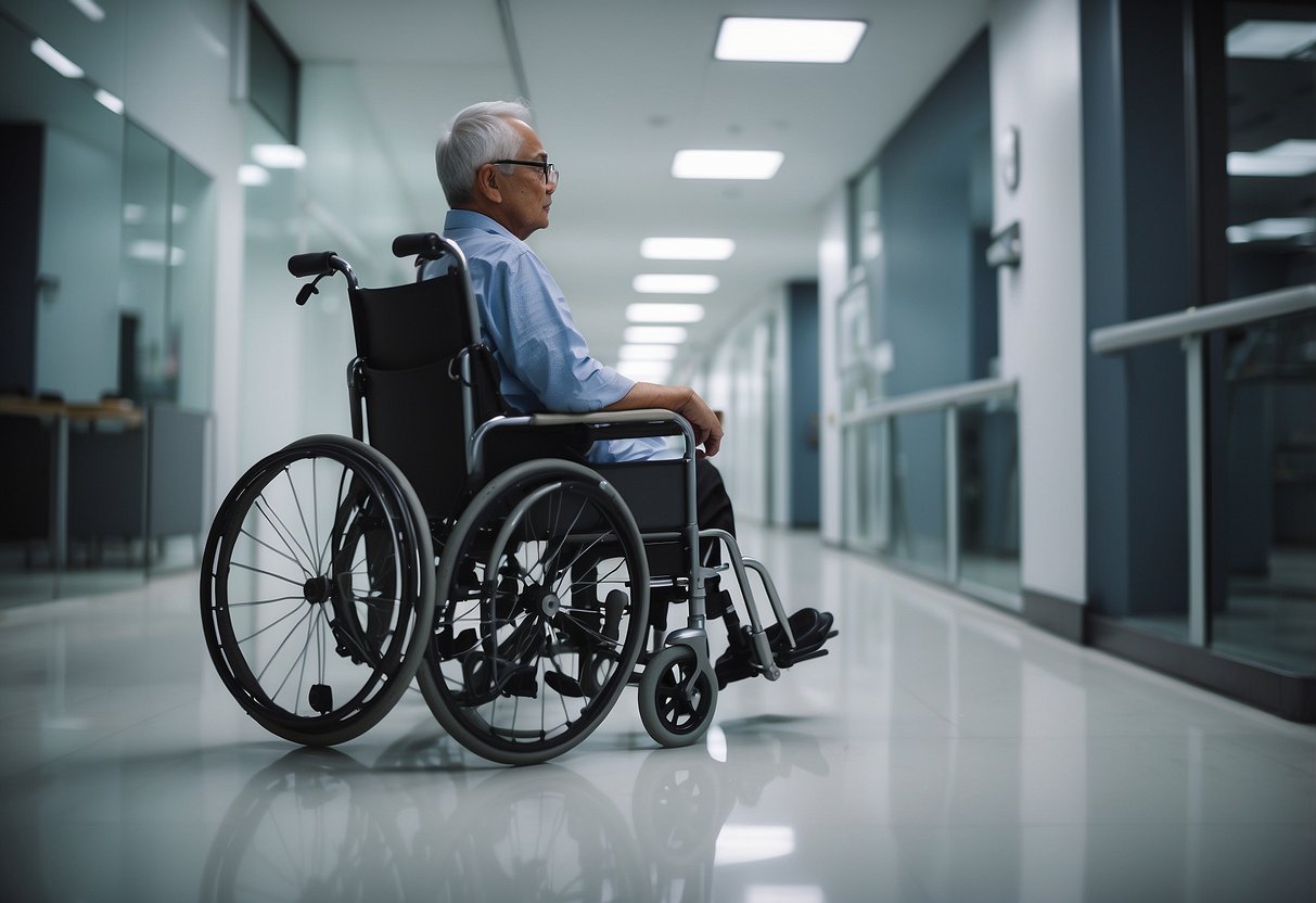 A patient in a wheelchair waits in a modern orthopaedic clinic in Singapore, surrounded by state-of-the-art medical equipment and a team of professional staff