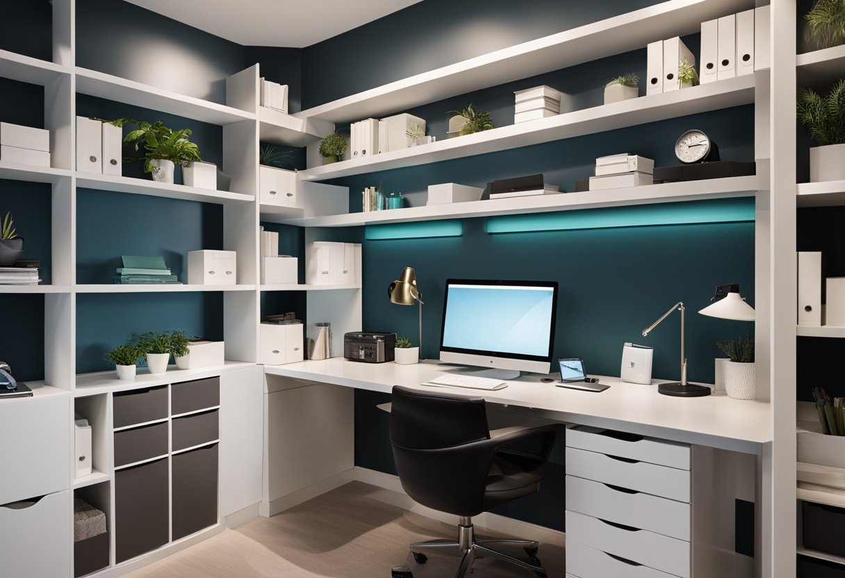 A sleek desk with built-in shelves and drawers holds neatly organized supplies. Wall-mounted file organizers and a stylish storage cart complete the clutter-free home office