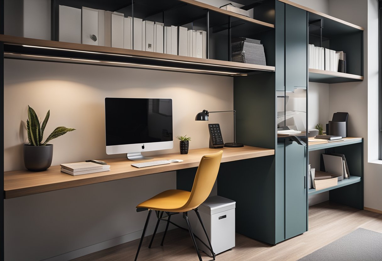 A desk with built-in shelves and drawers, a convertible sofa bed, and a wall-mounted fold-out desk. Books, files, and office supplies neatly organized in the storage compartments