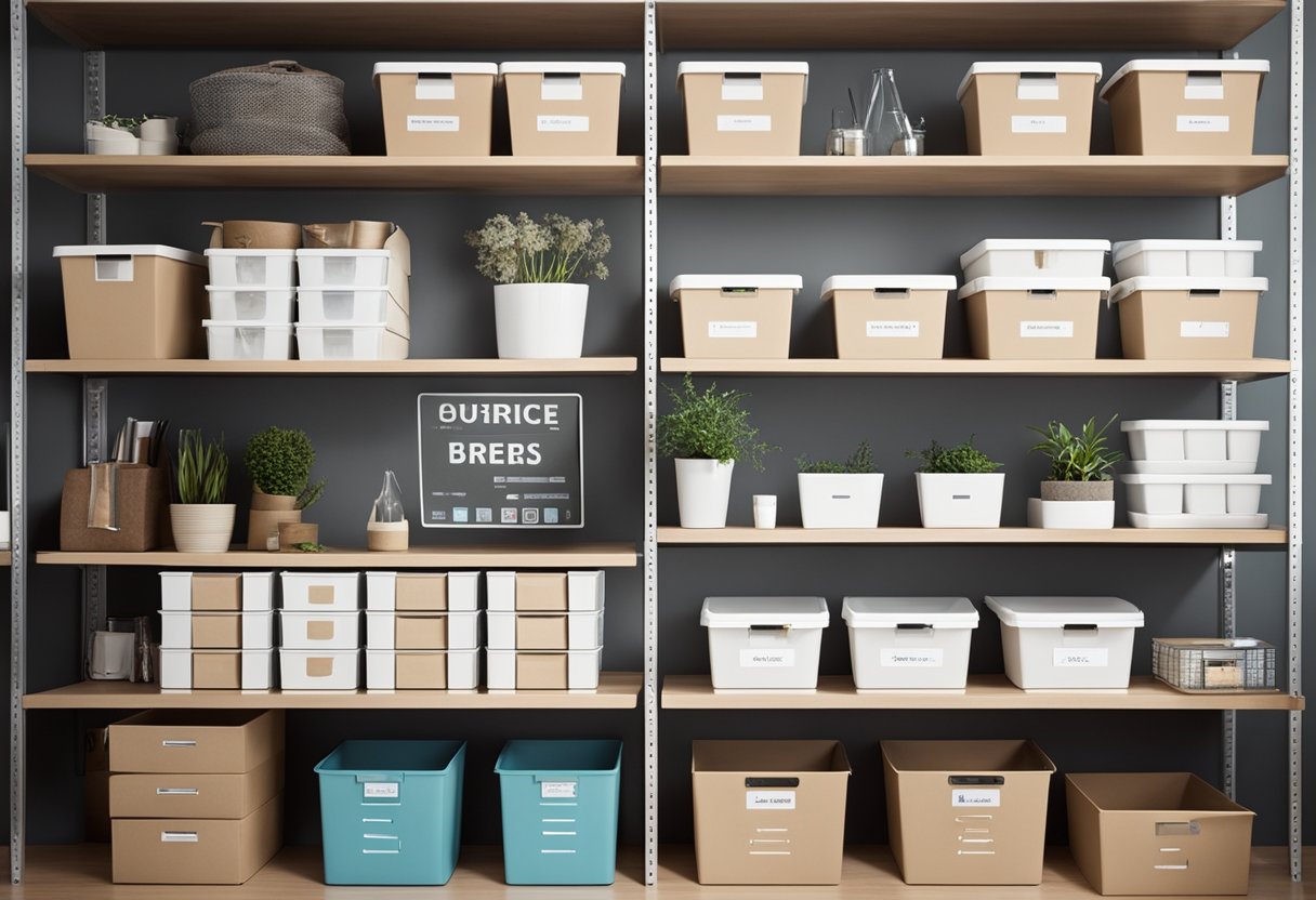 A neatly organized home office with labeled storage bins, floating shelves, and a pegboard wall for hanging supplies