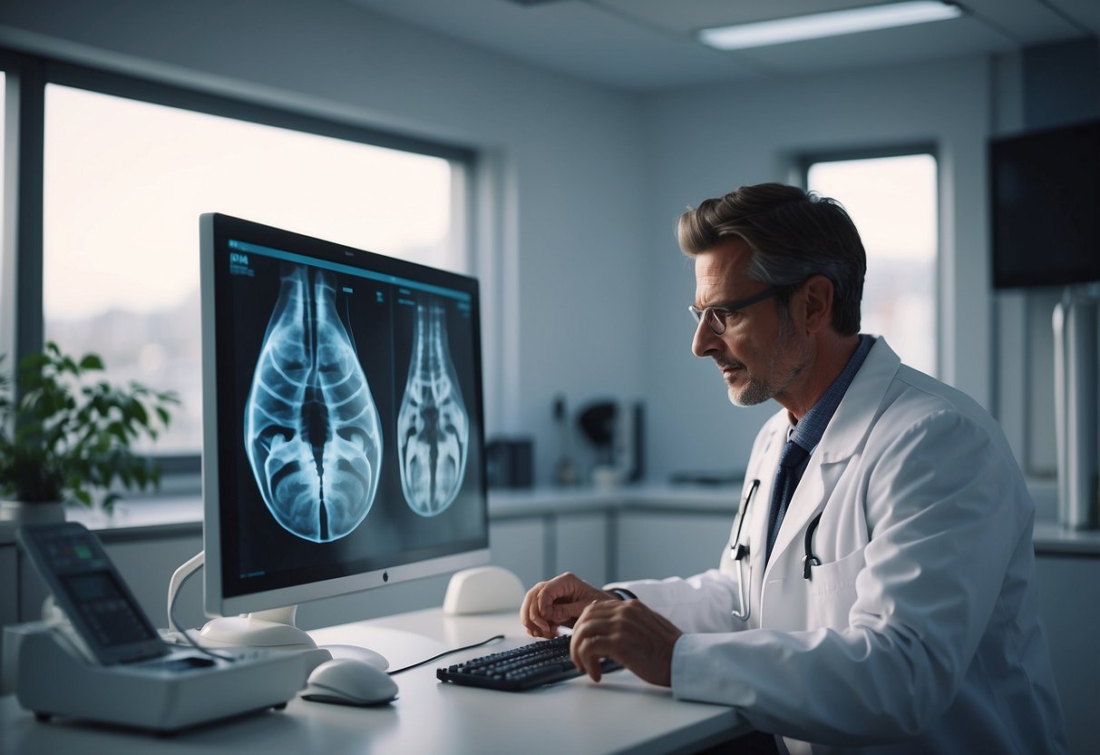 A doctor in a white coat explains an X-ray to a patient in a modern clinic with advanced orthopaedic equipment