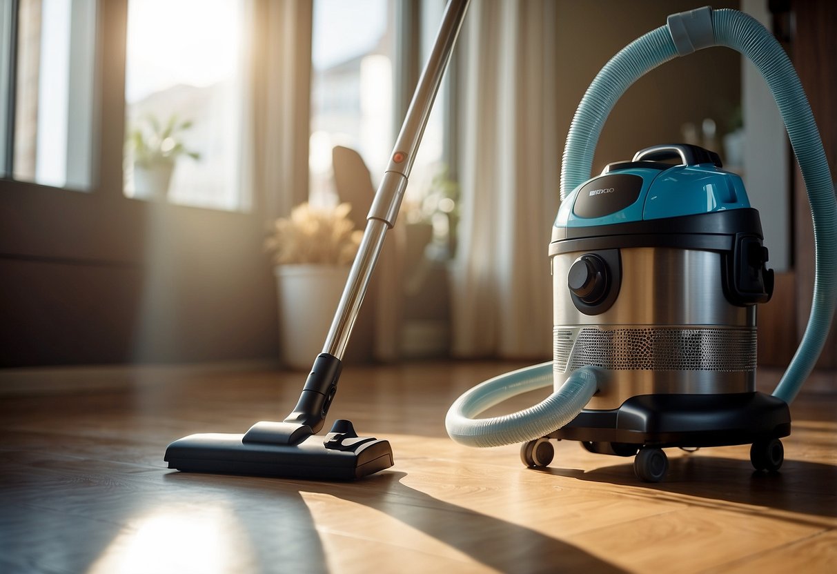 A vacuum cleaner and mop sit beside a bucket of cleaning supplies in a tidy room with sunlight streaming through the window