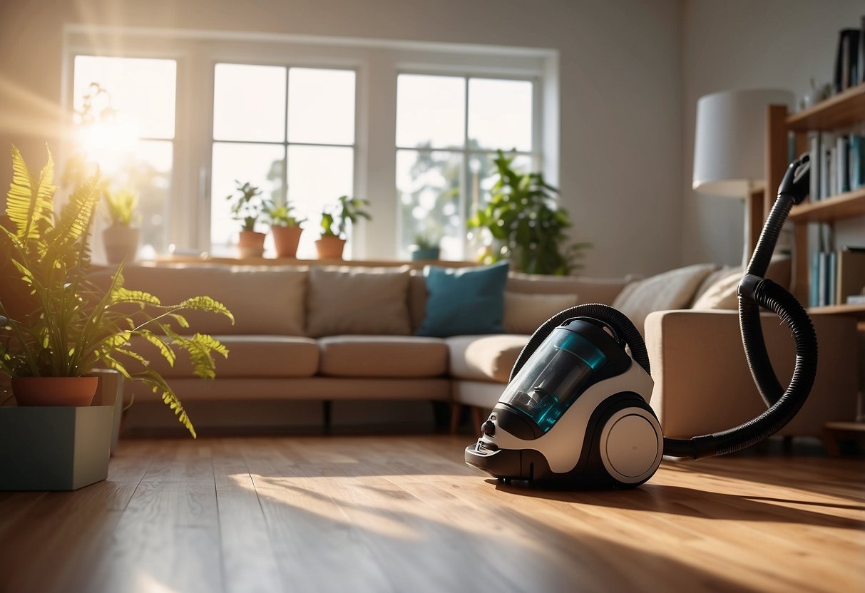 A tidy living room with a vacuum cleaner and cleaning supplies neatly organized in a corner. Sunlight streams through the window, casting a warm glow on the spotless floor