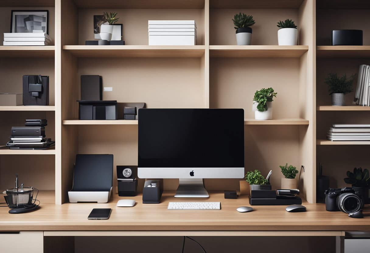 A sleek, organized desk with neatly arranged tech and gadget storage. Shelves and drawers hold laptops, tablets, and cords, creating a clutter-free home office