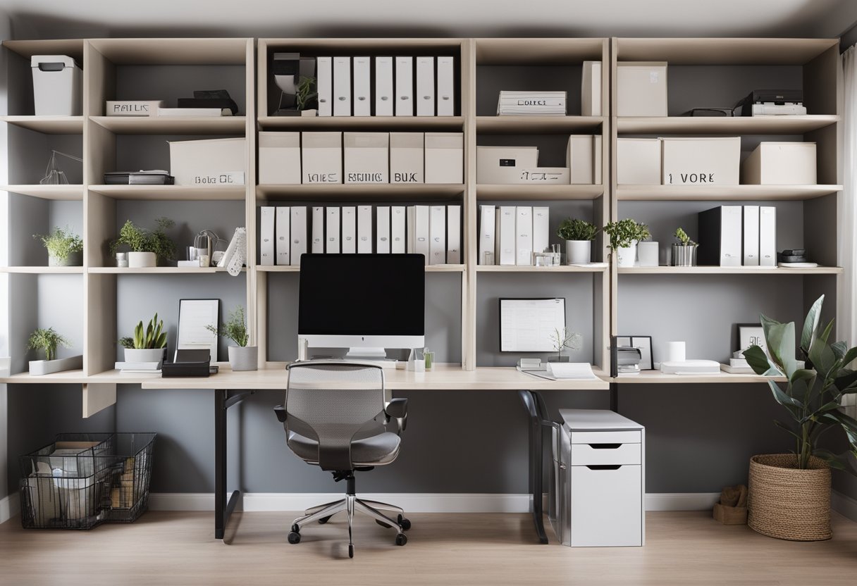 A tidy home office with organized shelves, labeled bins, and a sleek desk with minimal decor. A clear, clutter-free workspace promotes productivity and creativity