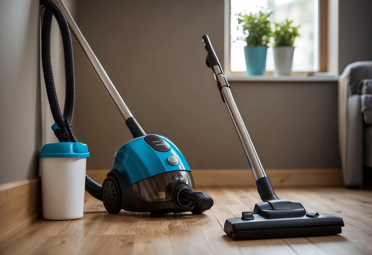 A vacuum cleaner sits in the corner, next to a bucket of cleaning supplies. A duster and mop lean against the wall, ready for use. The room is tidy and well-maintained