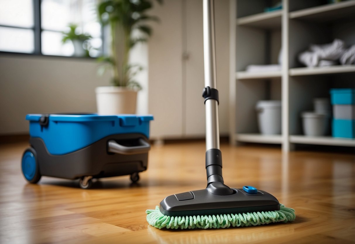 A vacuum cleaner and mop sit next to a bucket of cleaning supplies, with a sign reading "Frequently Asked Questions part time cleaner singapore" in the background