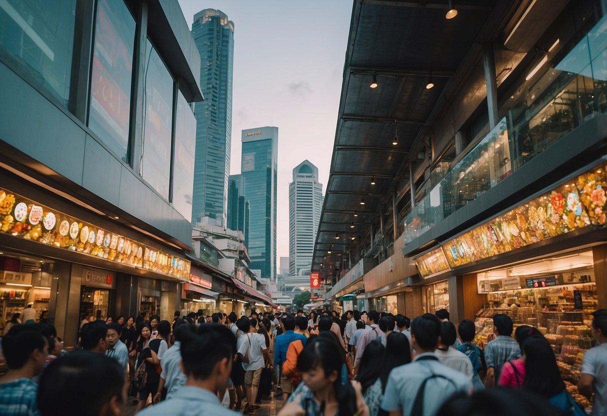 A bustling street in Singapore, with colorful shopfronts and bustling crowds, showcasing the vibrant energy of the city
