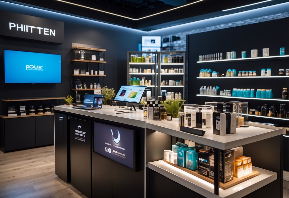 A display of Phiten technology and wellness products in a modern, well-lit store setting