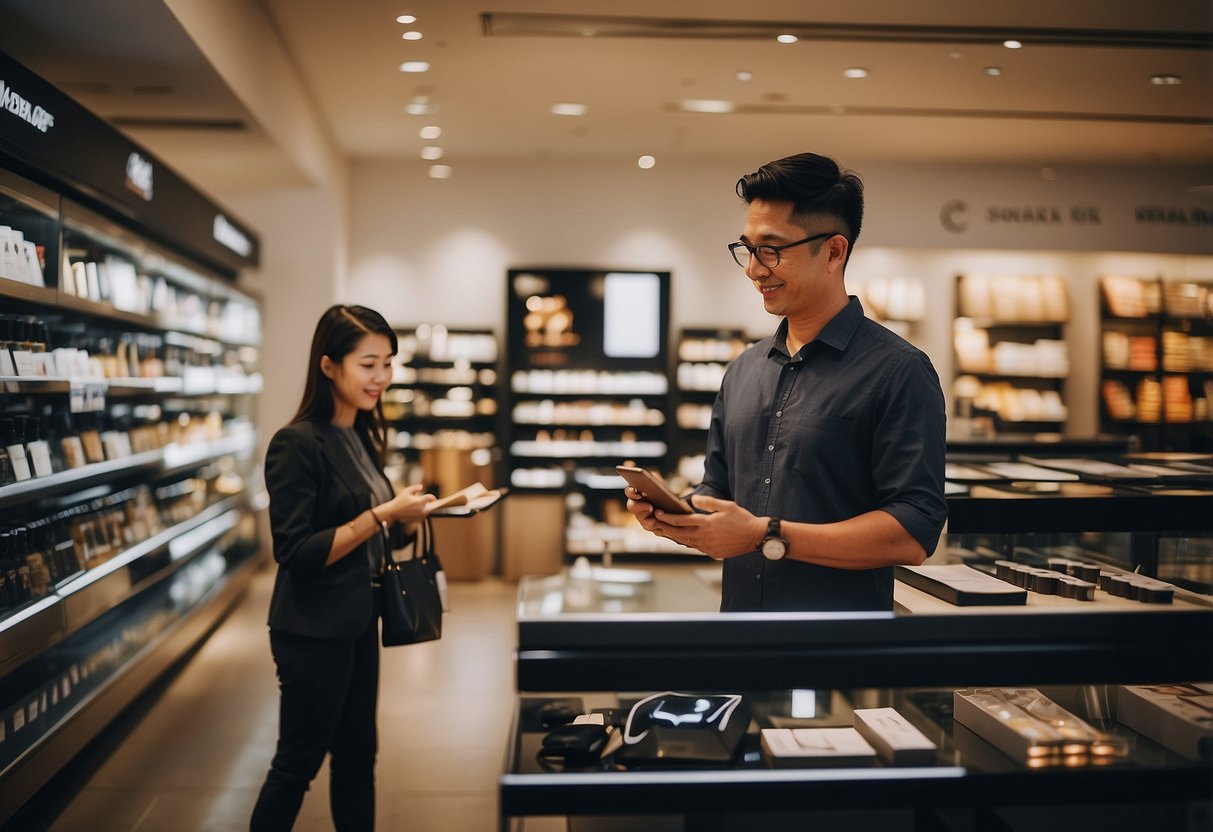 A customer browsing Phiten products, interacting with staff for insights, in a modern and inviting Singapore store