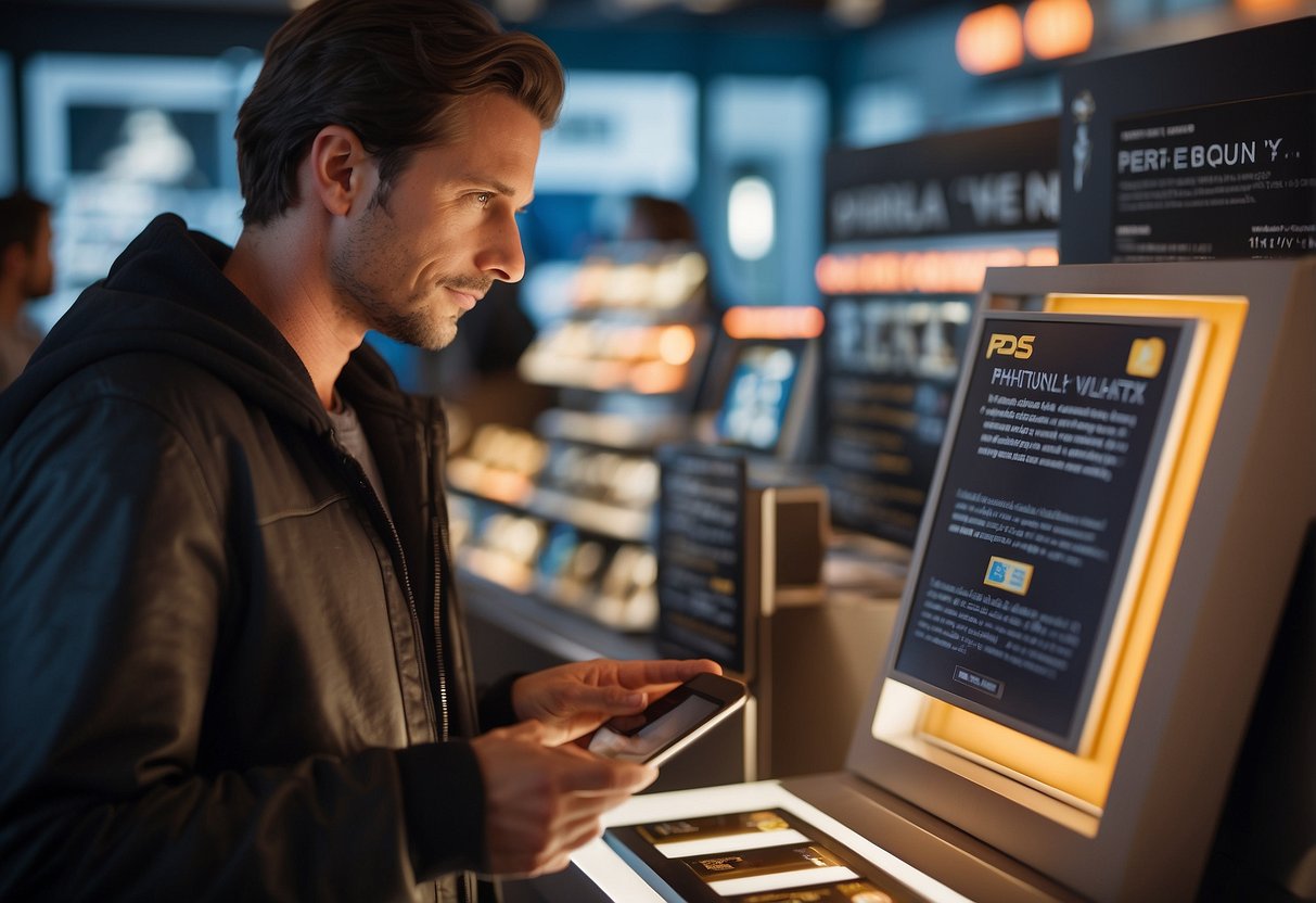 A customer browsing through a display of Phiten products with a "Frequently Asked Questions" sign in the background
