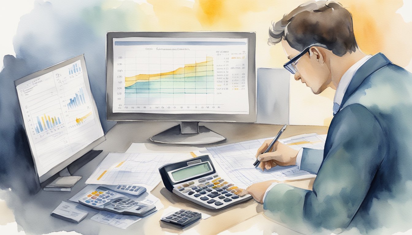 An actuary analyzing data with a calculator and charts