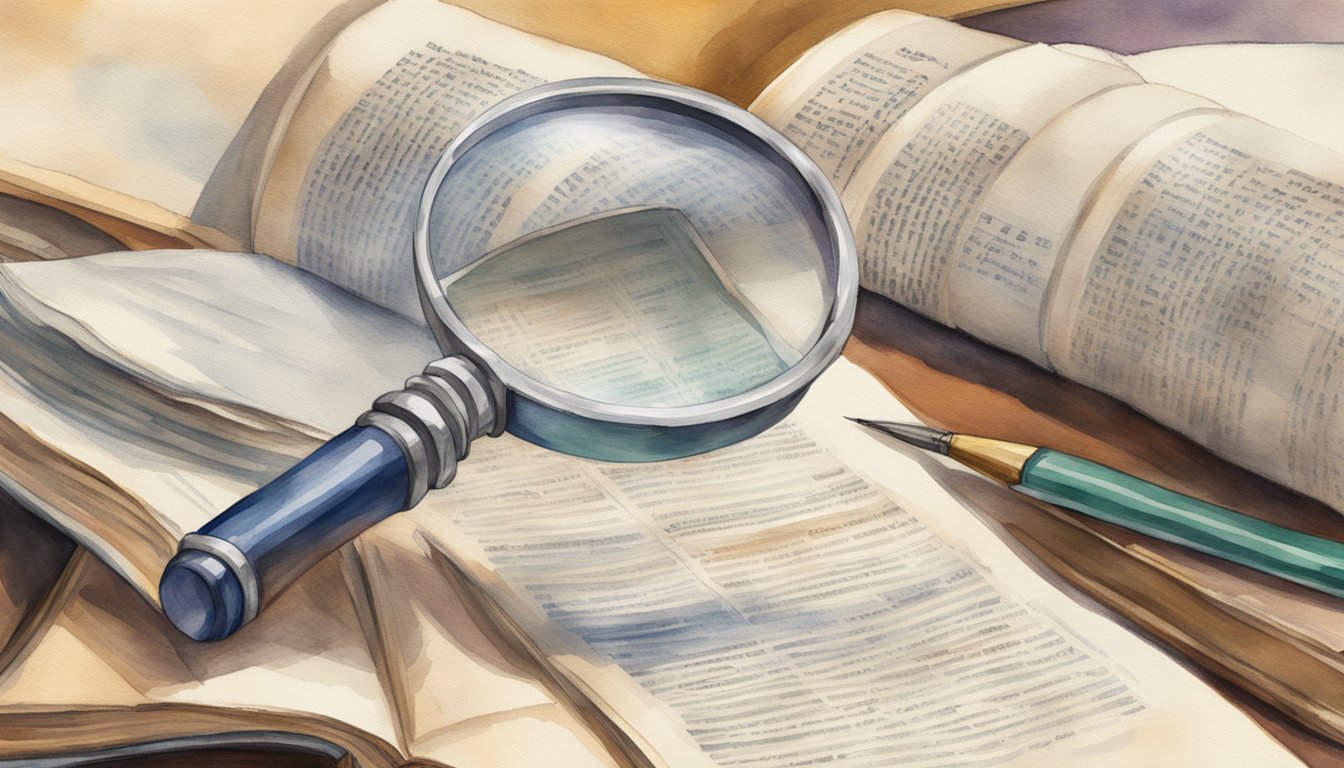 A magnifying glass hovers over a dictionary entry for "deductible," with a stack of FAQ sheets in the background