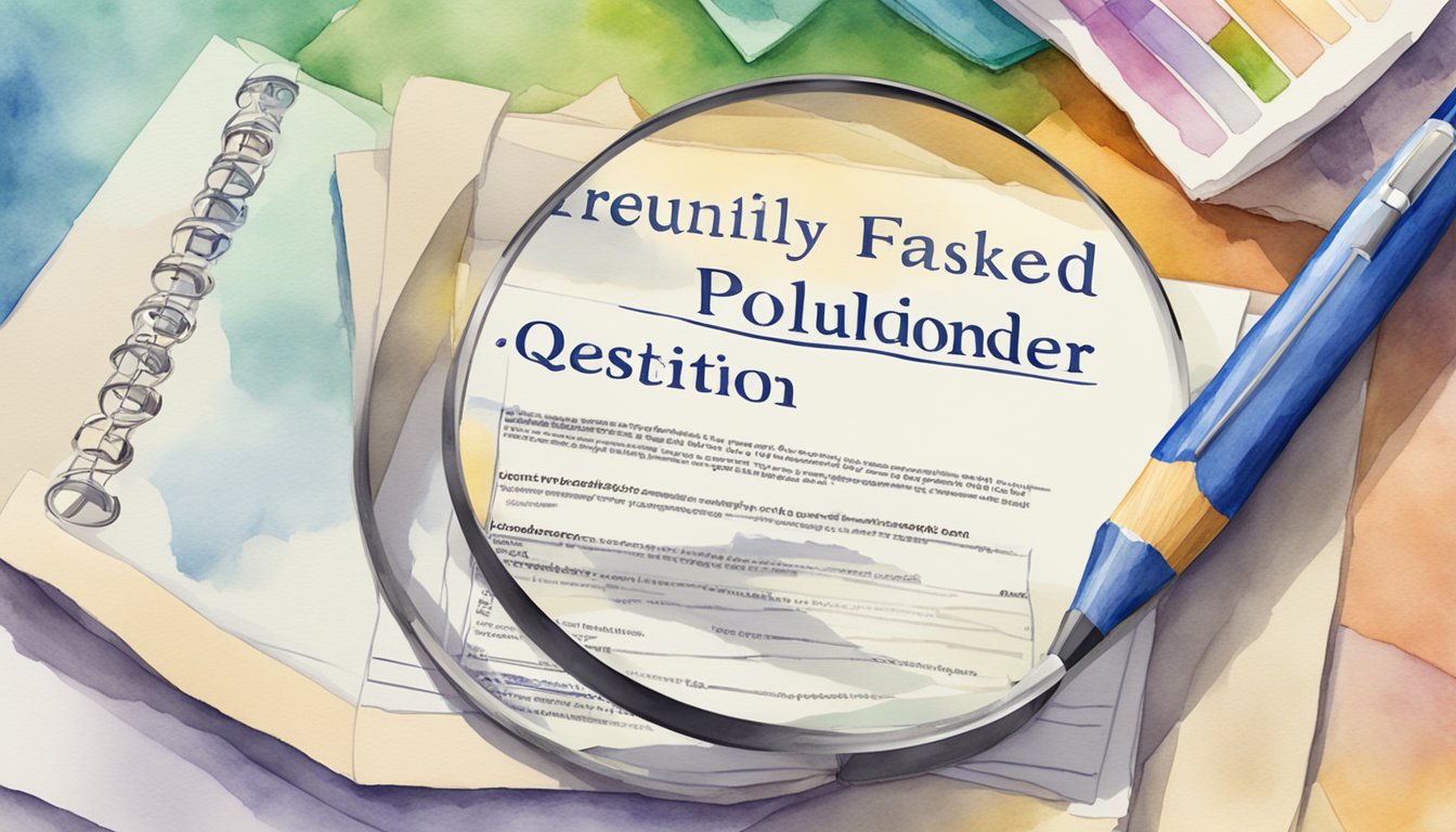 A stack of papers with the words "Frequently Asked Questions Policyholder definition" printed on the top sheet, surrounded by a magnifying glass and a pencil