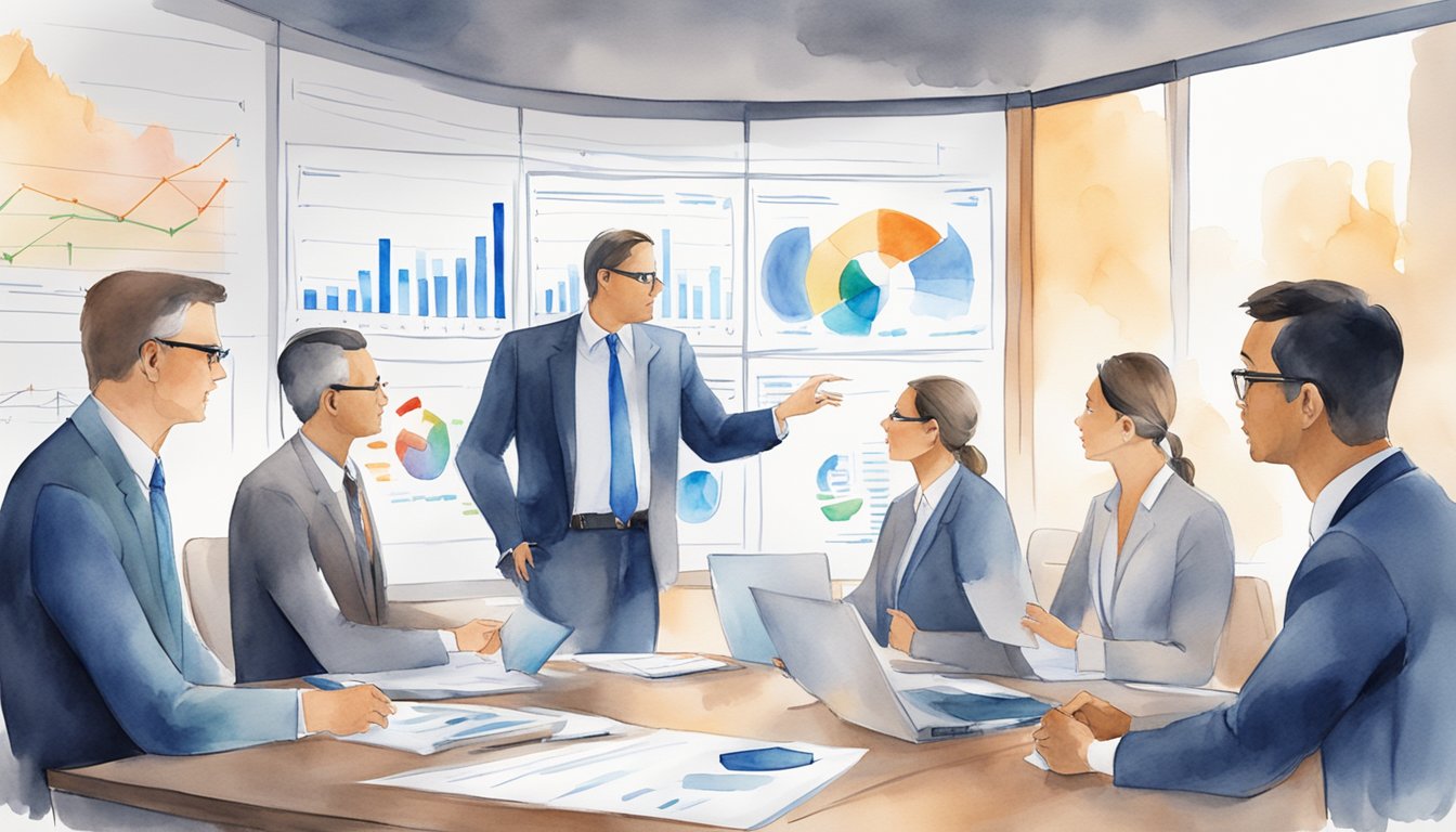 A group of insurance professionals discussing reinsurance terms in a boardroom, with charts and graphs displayed on a large screen