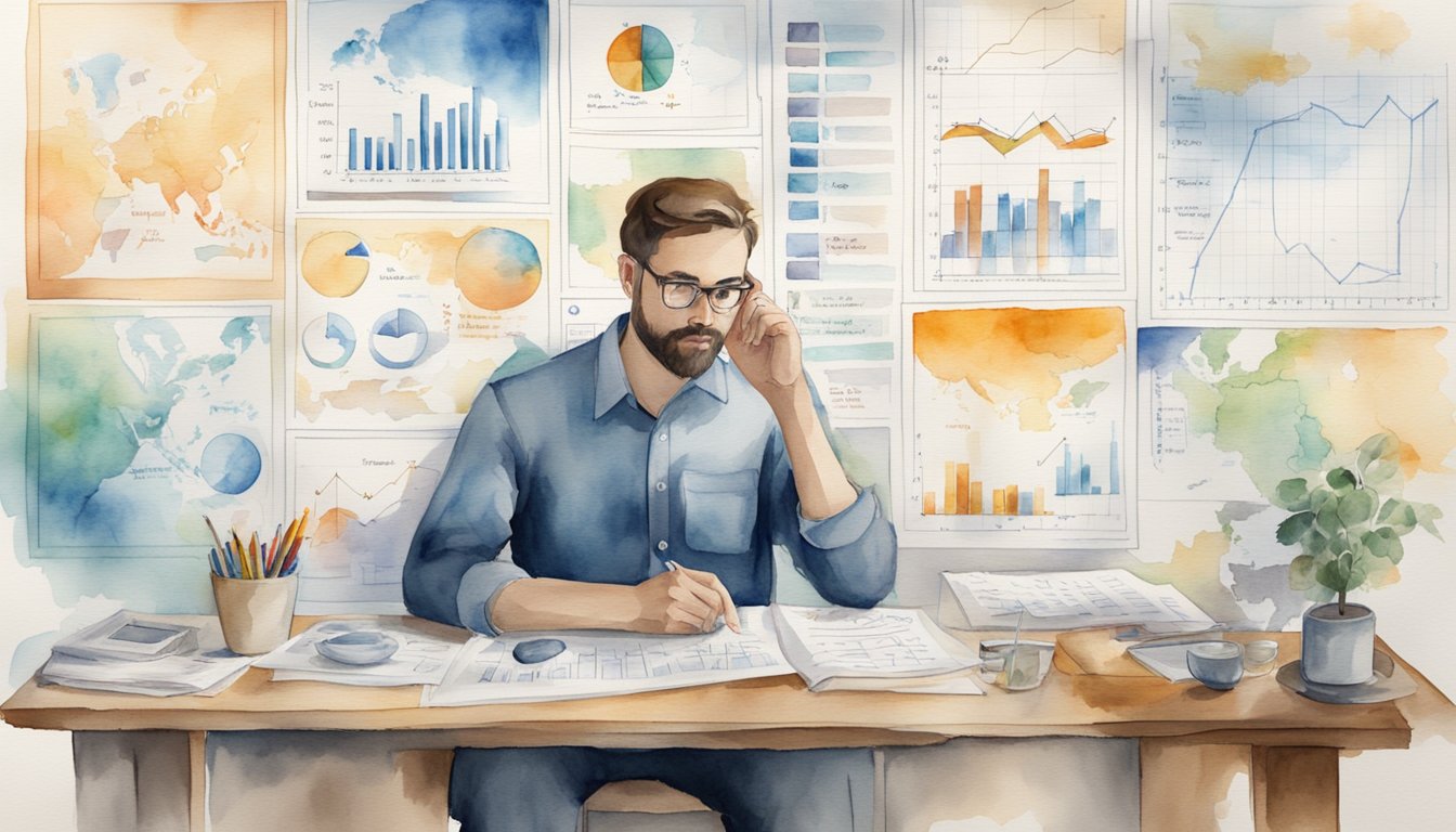 A person analyzing risk factors, surrounded by charts and graphs, with a thoughtful expression