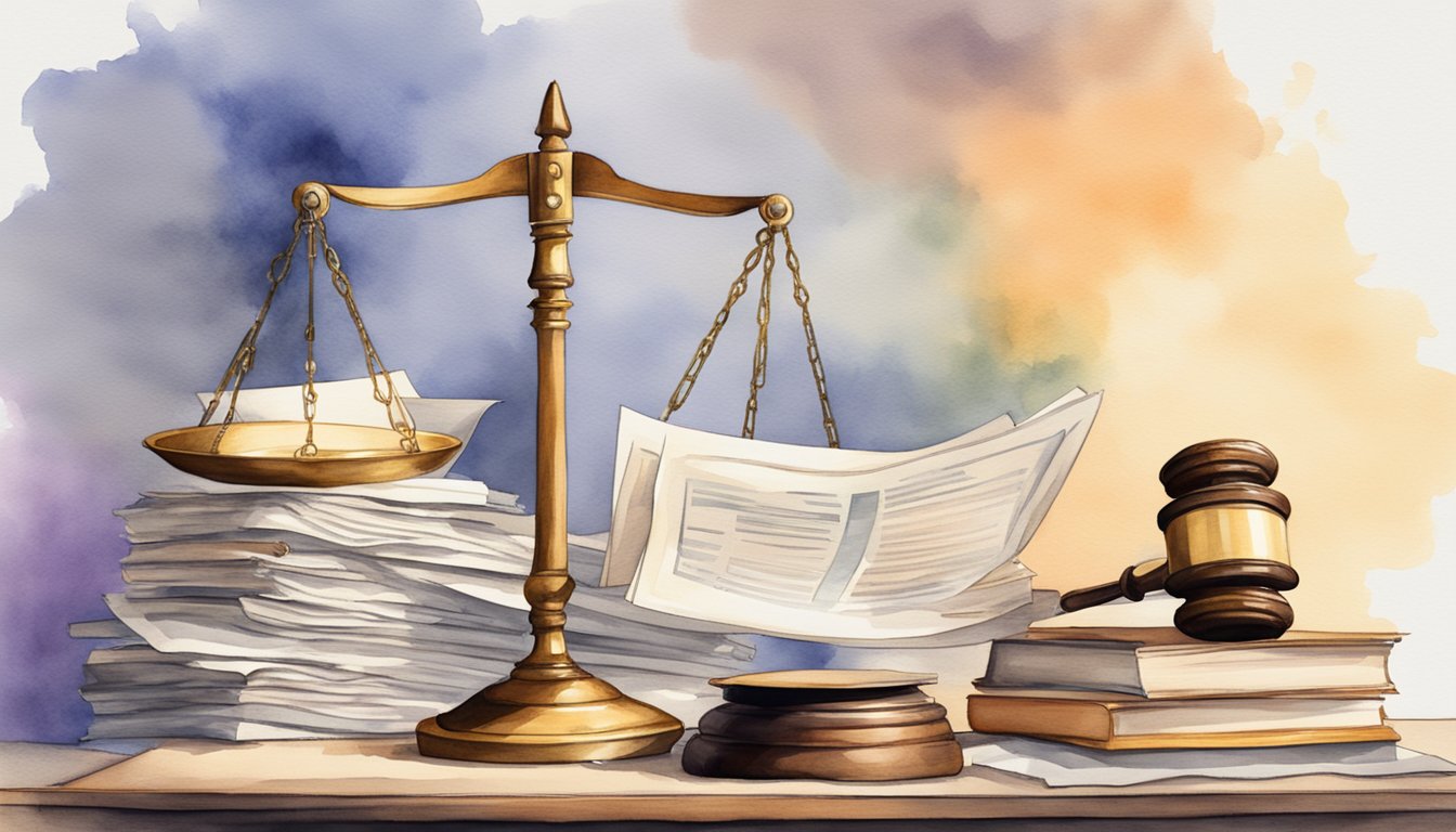 A scale balancing a stack of legal documents with a gavel and a "liability" sign in the background