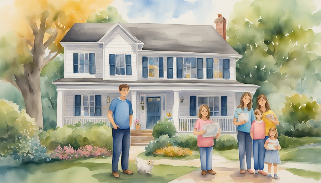 A family stands in front of their home, holding insurance policies and valuable possessions.</p><p>They are surrounded by symbols of security and protection, such as a shield and a guardian angel