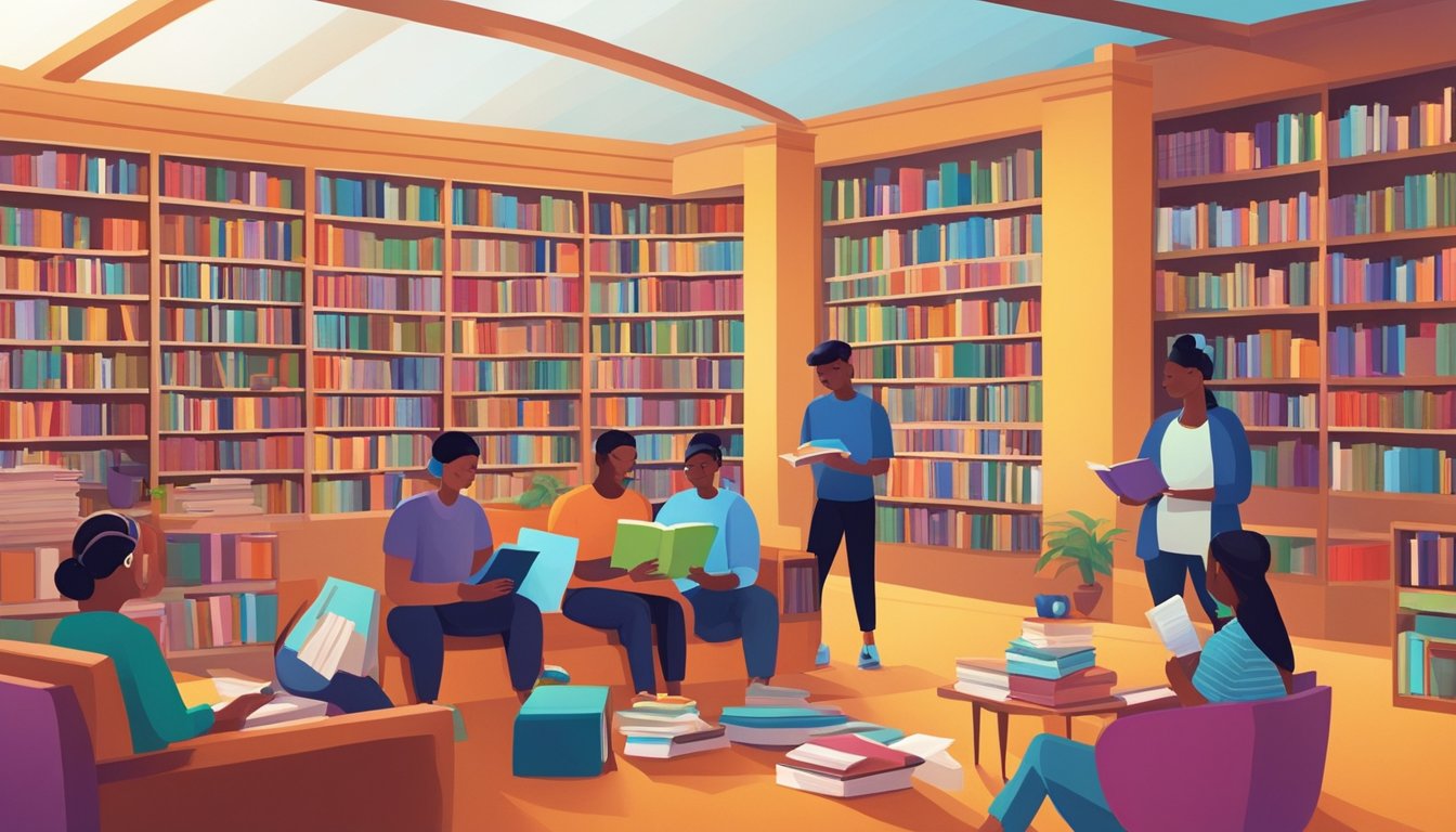 A group of diverse individuals engaged in reading various books in a vibrant and welcoming library setting, surrounded by shelves filled with colorful and captivating literature