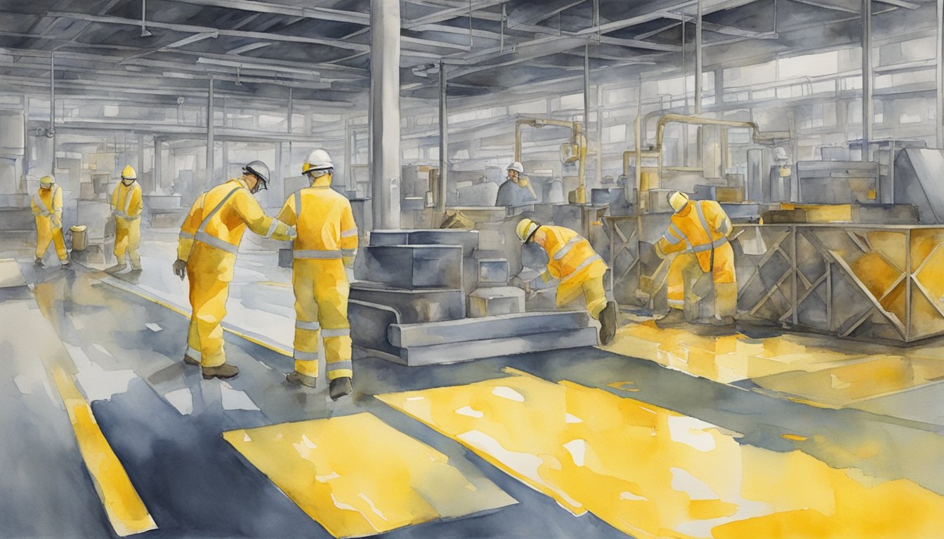 A spill on a factory floor, with caution signs and workers in protective gear