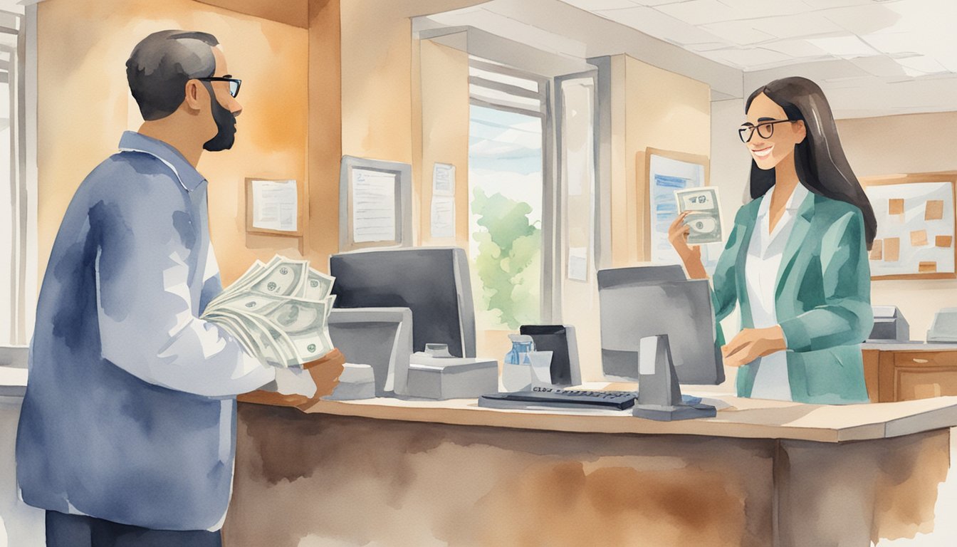 A person handing over money to a receptionist at a doctor's office, with a sign that reads "Frequently Asked Questions: Copayment definition" in the background