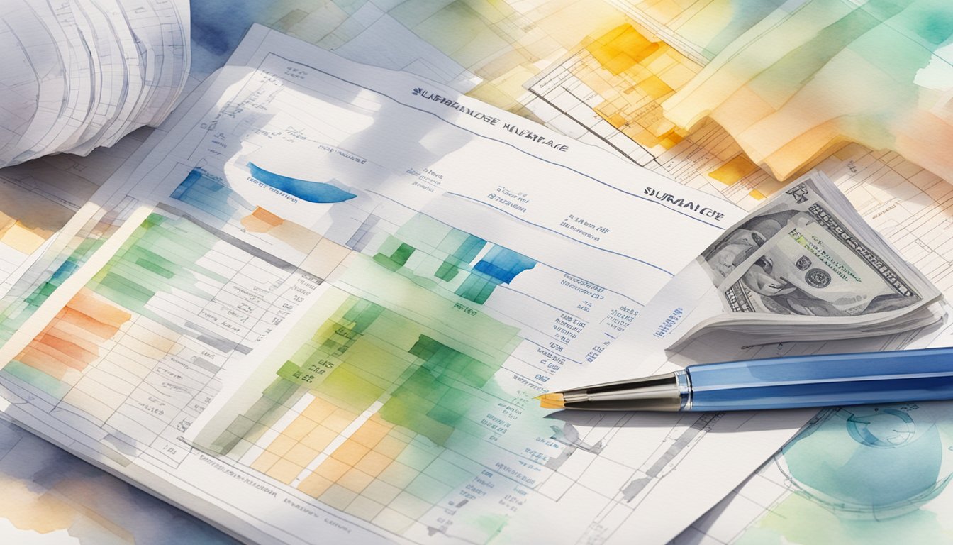 A stack of insurance policy documents with "Surrender Value" highlighted in bold, surrounded by financial charts and graphs