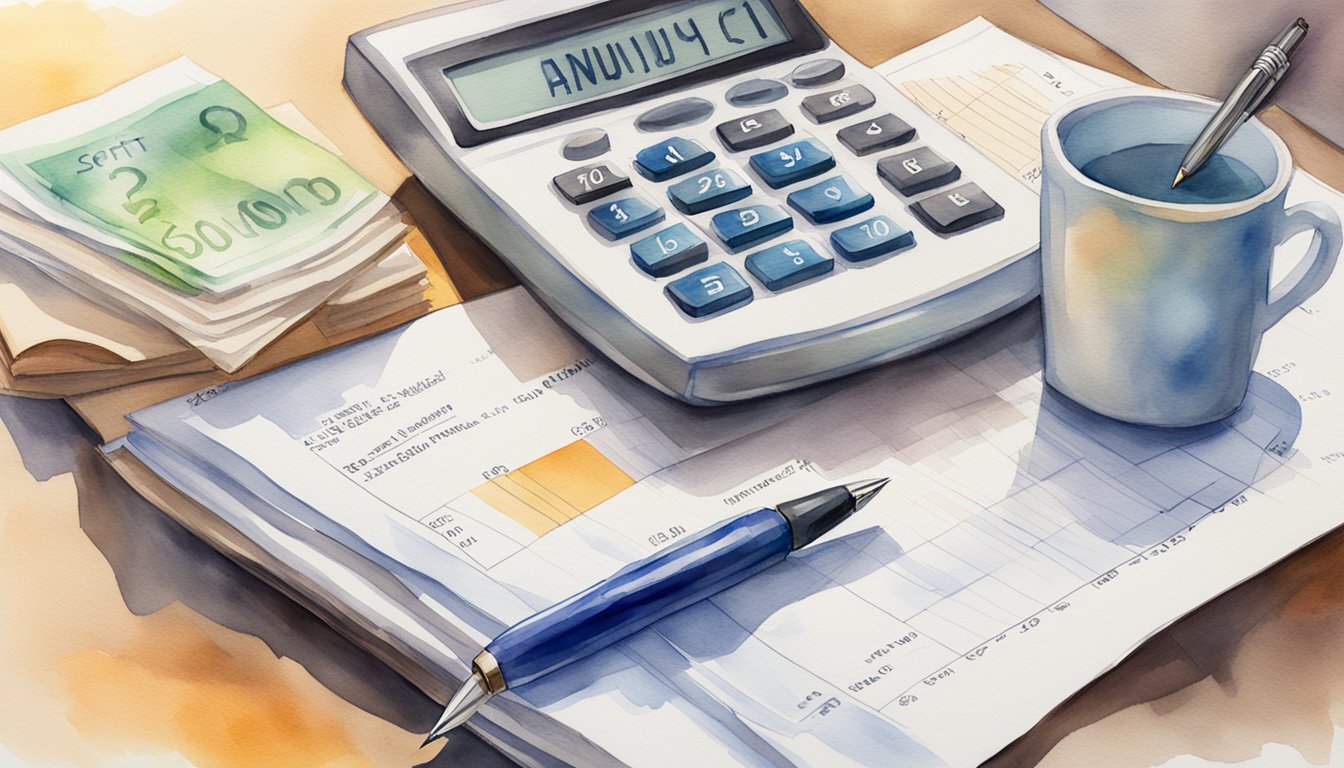 A table with financial documents, a calculator, and a pen.</p><p>An annuity contract and payment schedule are spread out for review