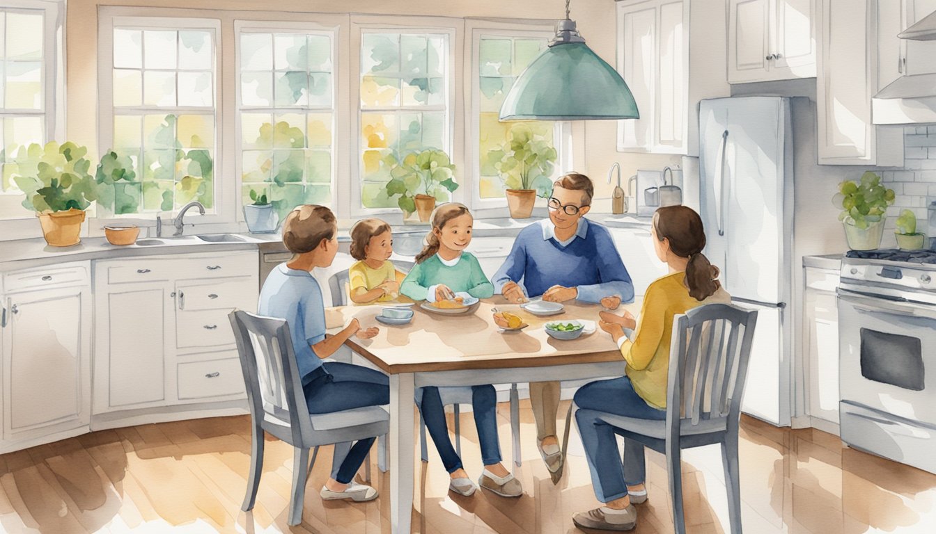 A family sits at a kitchen table, discussing whole life insurance.</p><p>A chart on the wall explains the policy's benefits