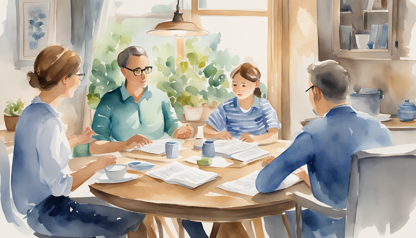 A family sits around a table, discussing whole life insurance.</p><p>A representative explains the policy while the family listens attentively