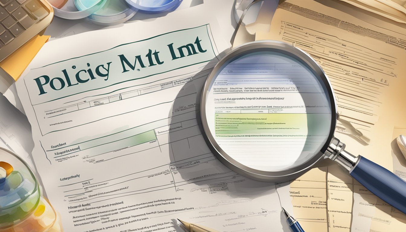 A magnifying glass hovers over a document with the words "Policy Limit" highlighted in bold, surrounded by other insurance terms