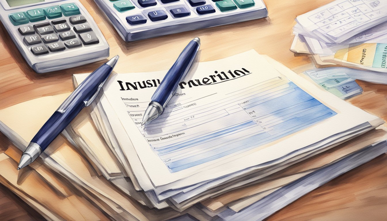 A stack of insurance documents labeled "Insurer definition" on a desk, with a pen and a calculator nearby