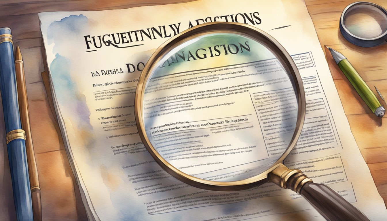 A magnifying glass hovers over a legal document with the title "Frequently Asked Questions Subrogation definition" prominently displayed