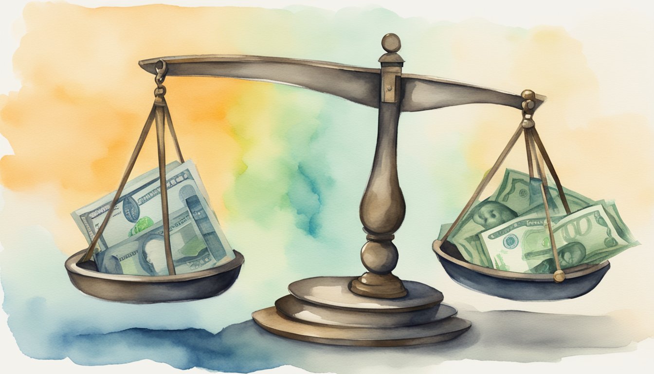 A scale with a stack of money on one side and a risk symbol on the other, representing the concept of moral hazard