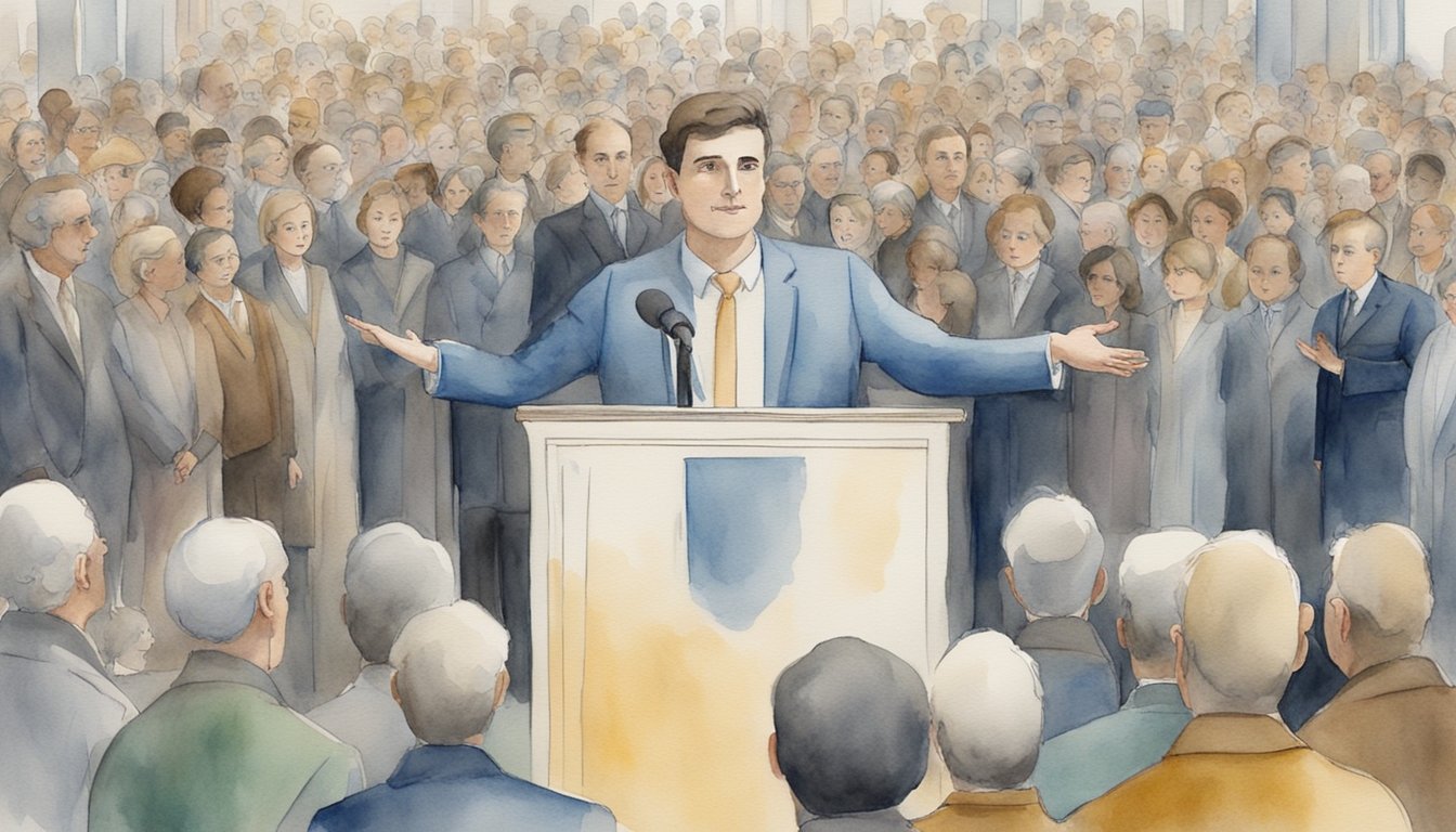 A person standing at a podium, surrounded by a crowd, explaining the concept of moral hazard