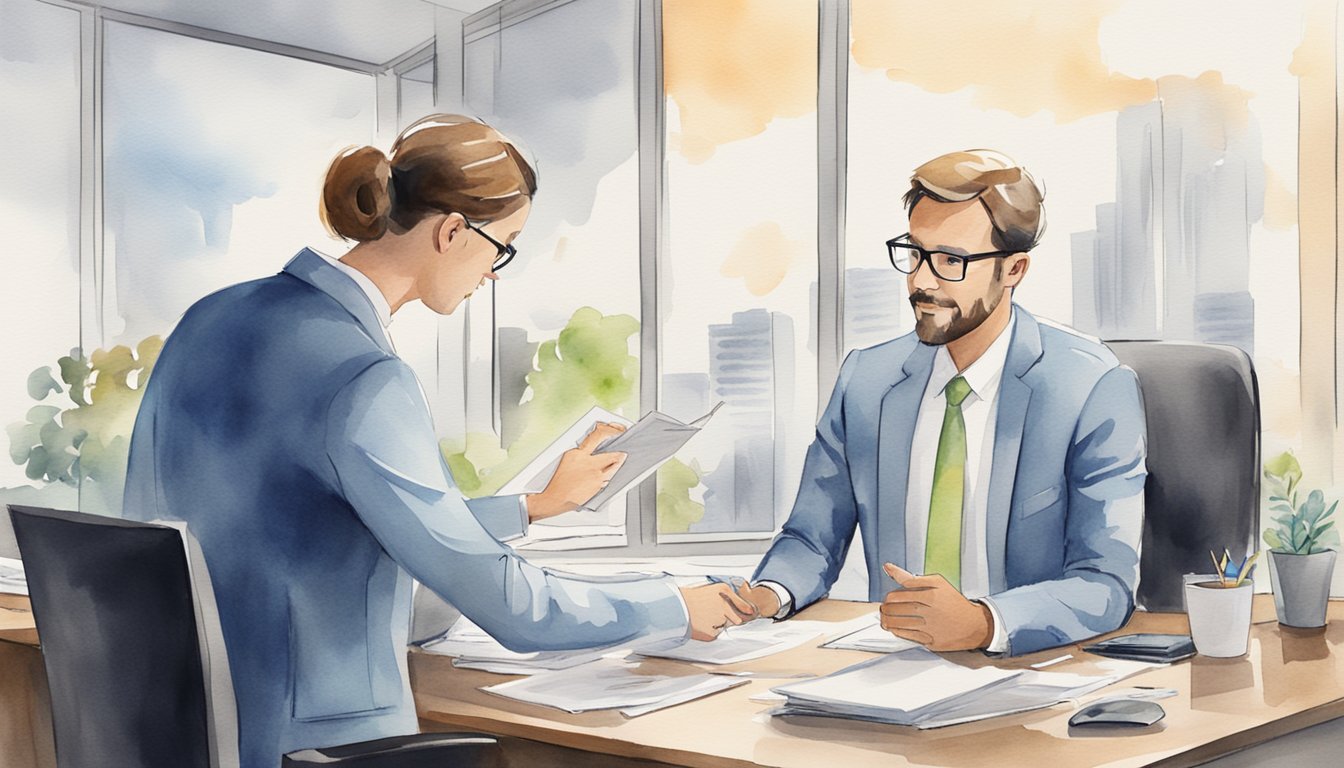 An insurance agent explaining coverage options to a customer in a modern office setting with paperwork and computer screens on the desk