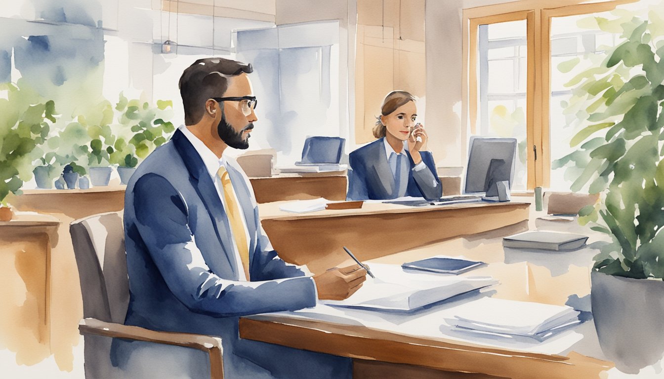 An insurance agent listens attentively to a customer, offering helpful advice and reassurance.</p><p>They maintain a friendly and professional demeanor, building trust and rapport