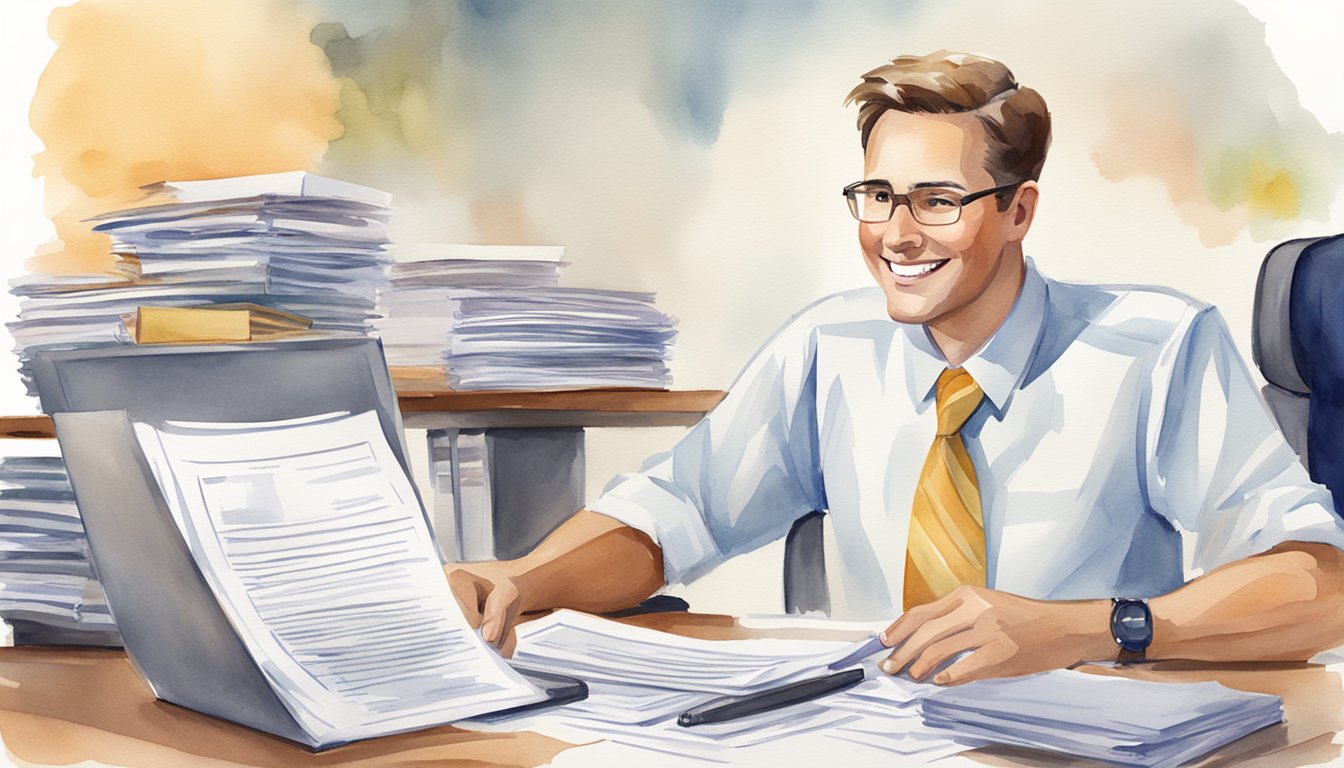 An insurance agent answering questions with a friendly smile, surrounded by a stack of policy documents and a computer displaying insurance information