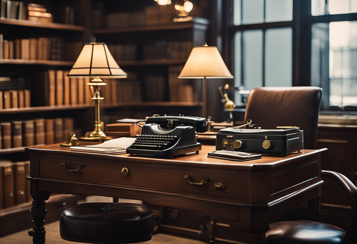 A vintage desk with a typewriter, rotary phone, and brass desk lamp. A leather chair and shelves filled with retro office supplies