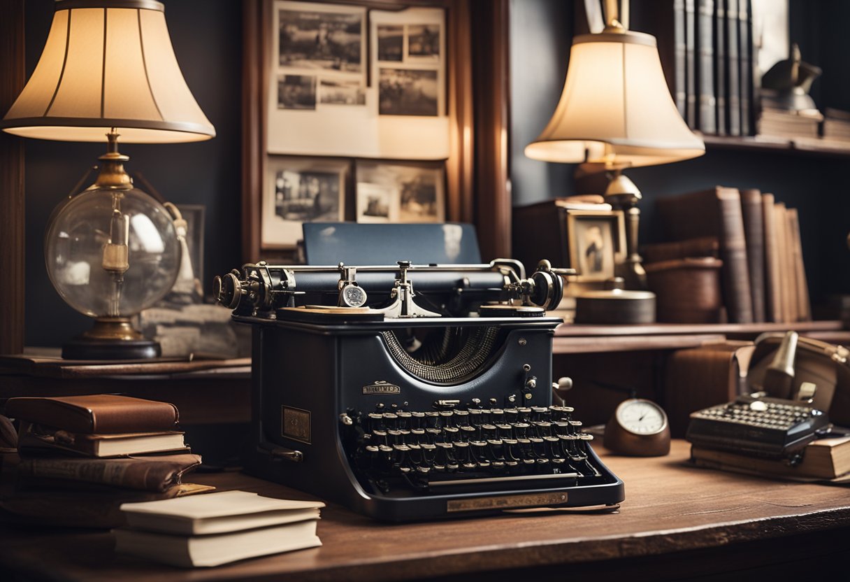 A cluttered desk with vintage typewriter, retro telephone, and old-fashioned desk lamp. Walls adorned with antique posters and shelves filled with nostalgic knick-knacks