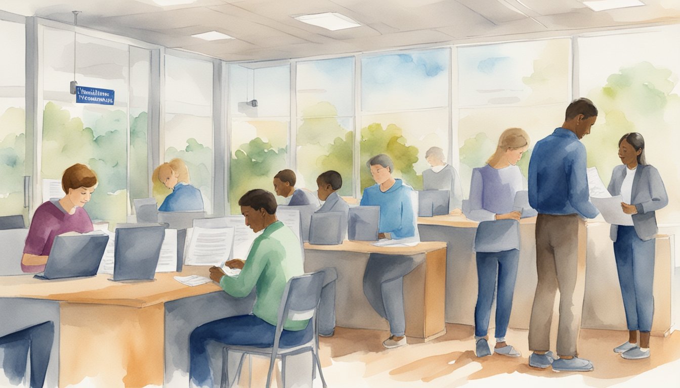 A group of people filling out forms at a health insurance enrollment center, with a sign displaying "Health Insurance Eligibility and Enrollment" in the background