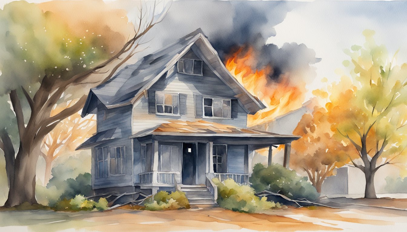 A house engulfed in flames, with a tree fallen on the roof, and a broken window