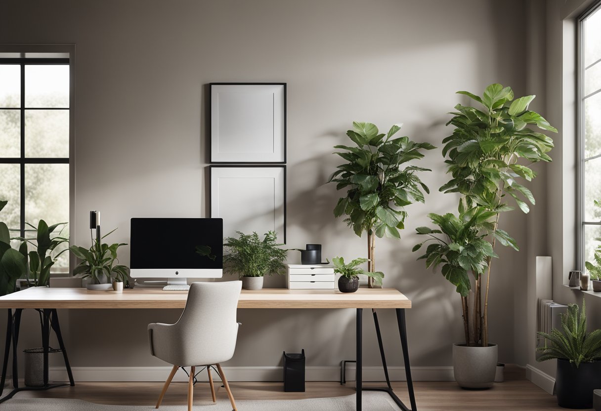 A sleek, modern home office with a standing desk, dual monitors, natural light, and a comfortable chair. A plant and minimalist decor add a touch of warmth to the space