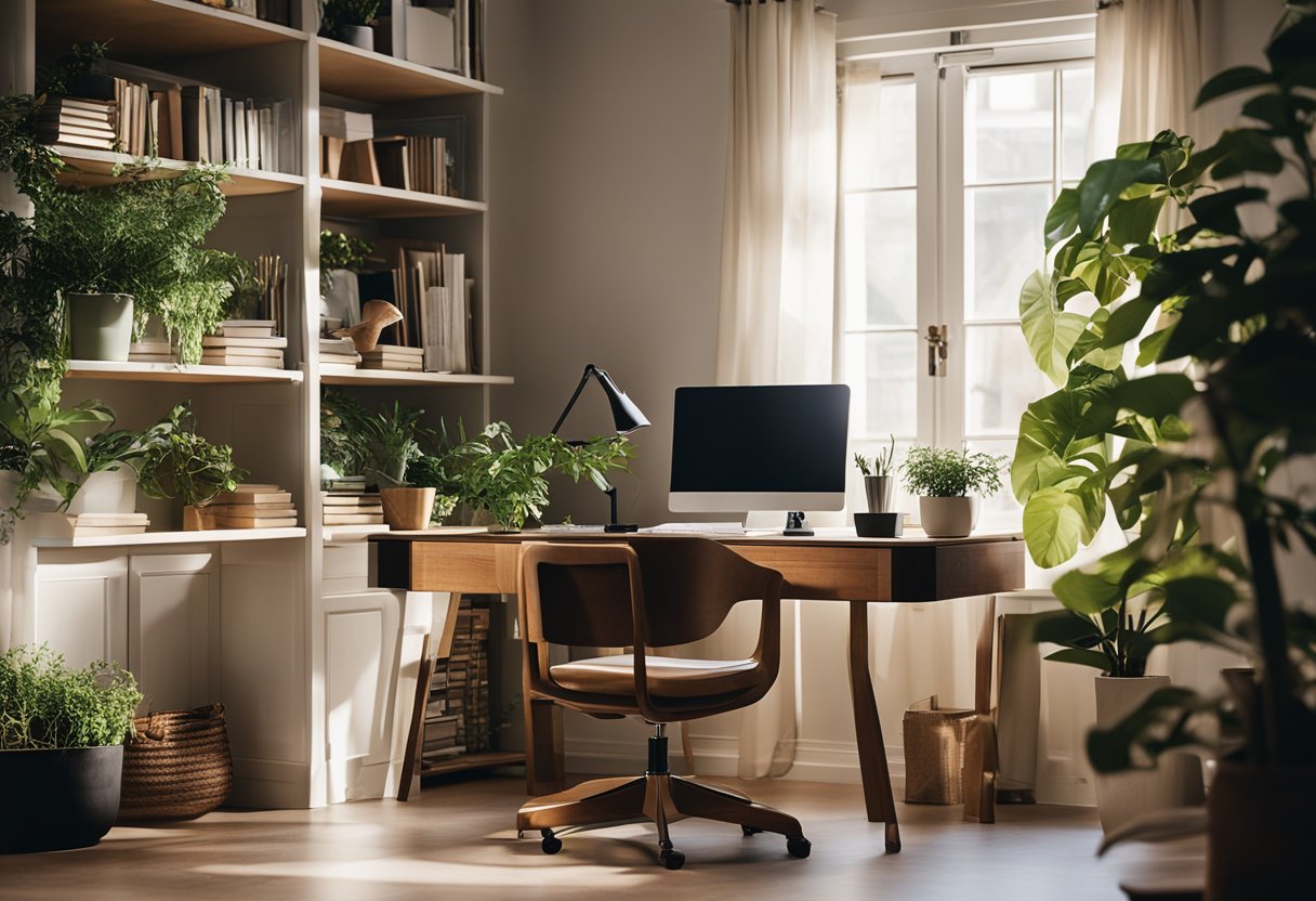 A cozy home office with natural light, a comfortable desk and chair, plants, and a laptop surrounded by books and art