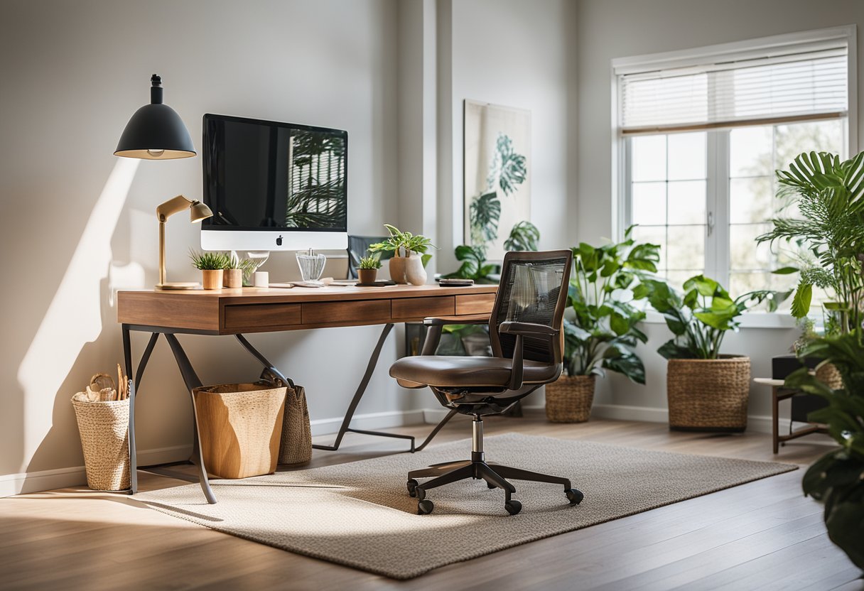 A well-lit, organized home office with a clutter-free desk, comfortable chair, and natural elements like plants and natural light. The furniture is arranged to promote a sense of balance and flow, with a clear path to the door