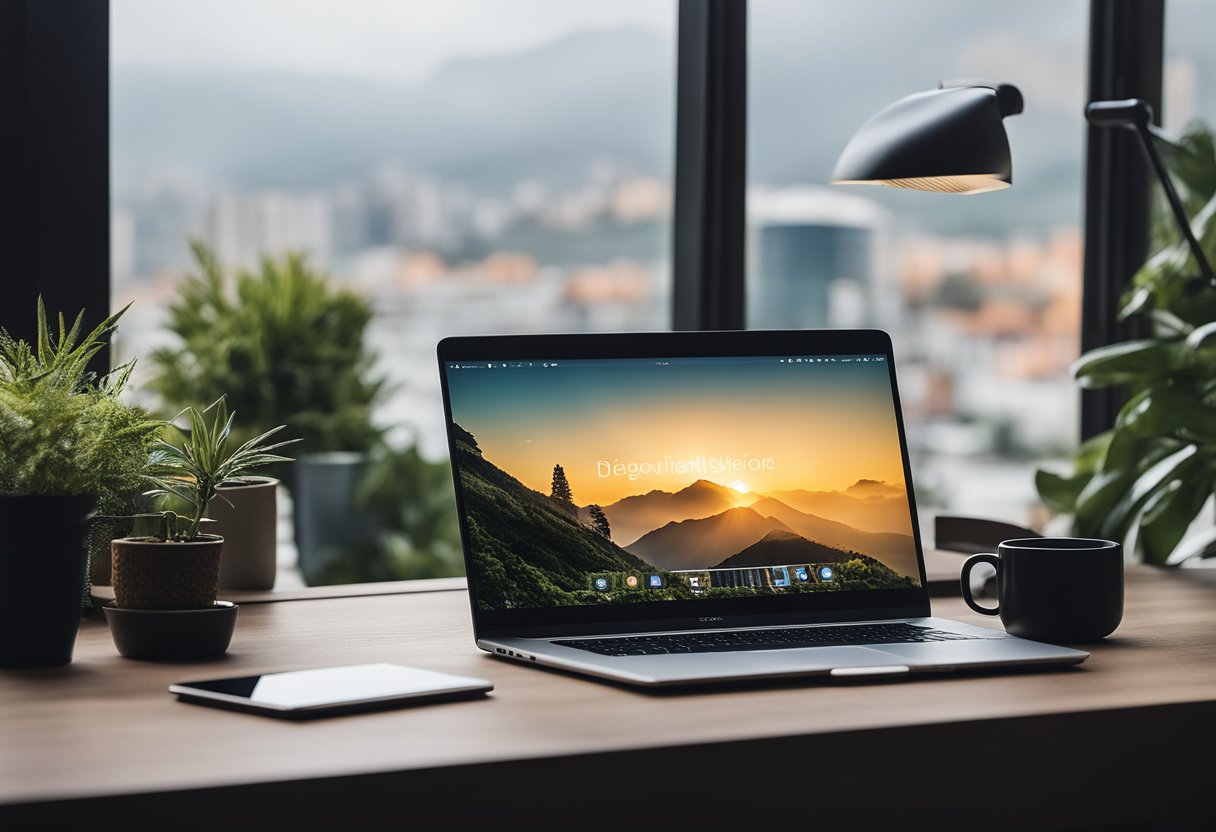 A laptop and smartphone sit on a sleek desk, surrounded by a secure lock and a privacy screen. A window overlooks a serene outdoor setting, providing a flexible home office for the digital nomad