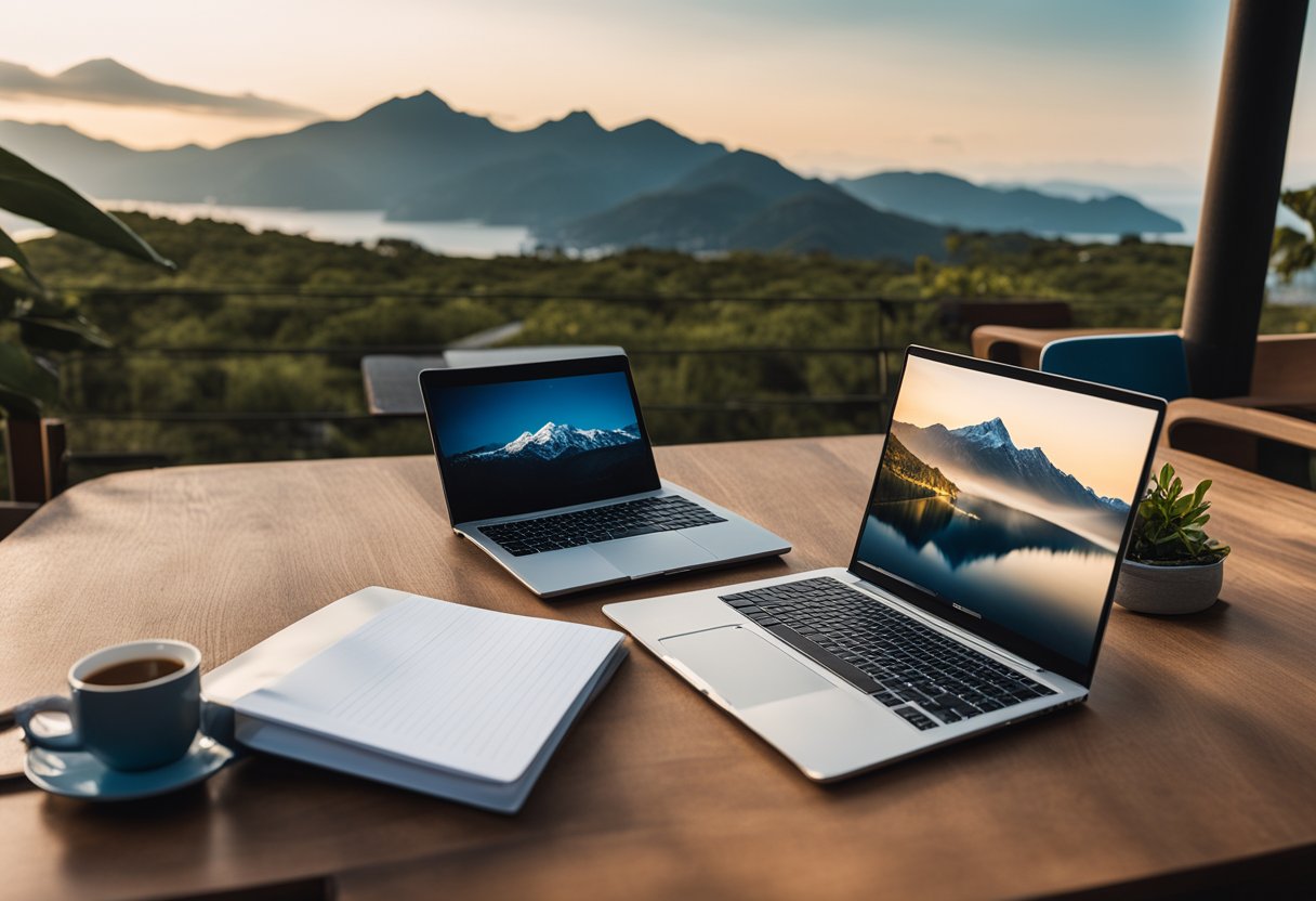 A laptop and notebook sit on a wooden table with a view of mountains and a beach in the background, showcasing a flexible home office for digital nomads