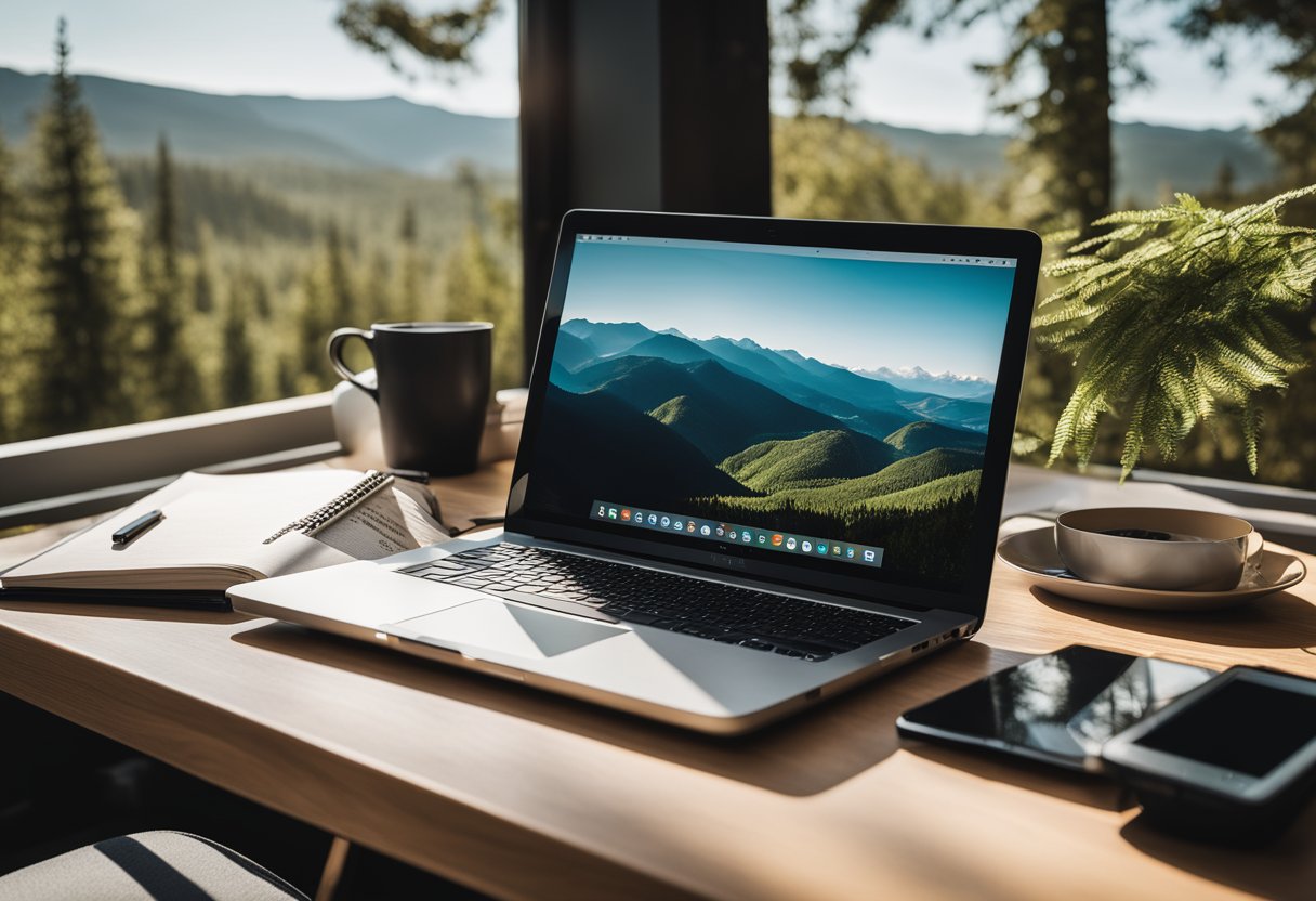 A laptop, notebook, and smartphone sit on a portable desk in a cozy, clutter-free space with a view of nature. A map and travel guide are nearby, highlighting the nomadic lifestyle