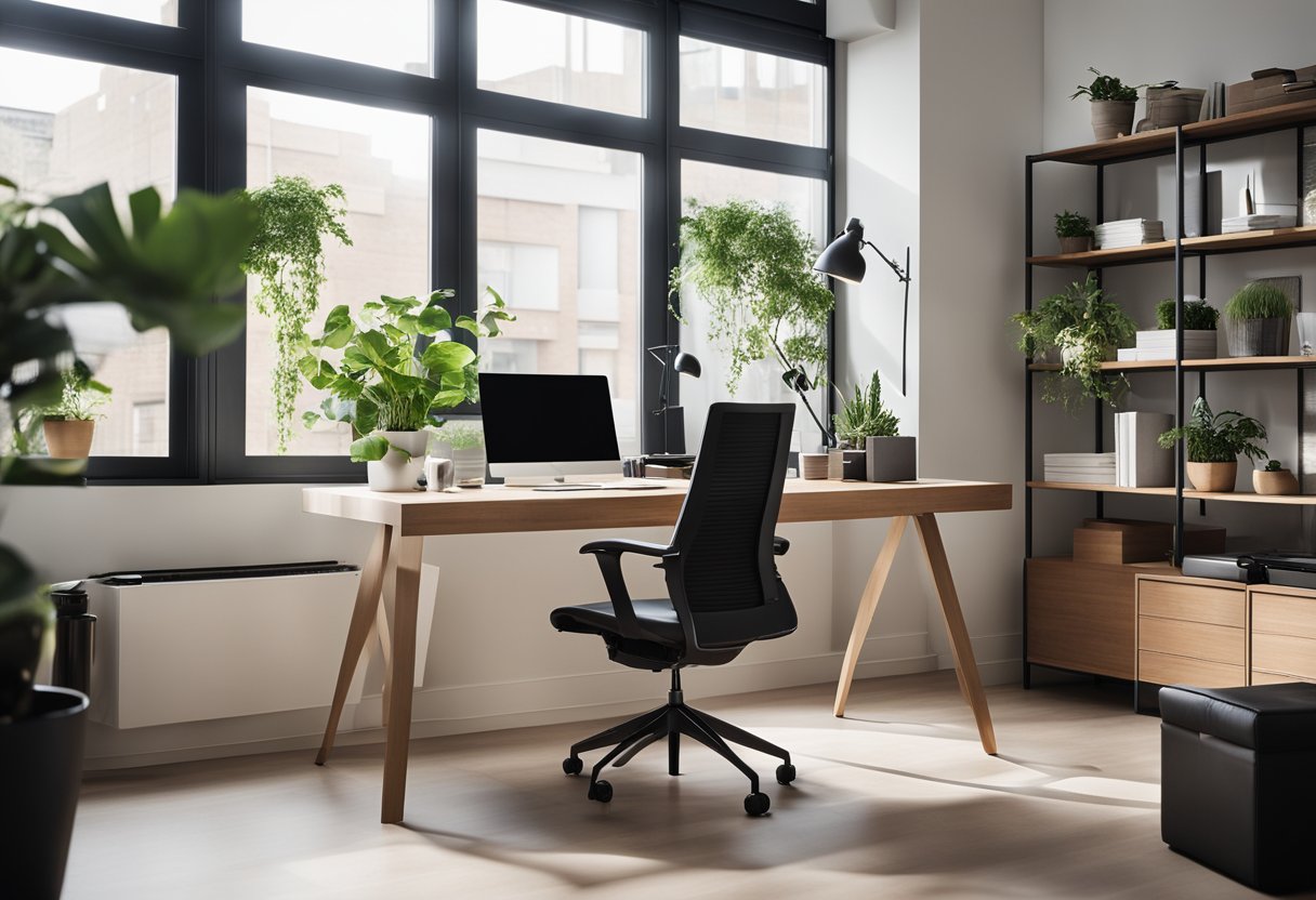 A modern, minimalist home office with a sleek desk, ergonomic chair, large windows, and high-speed internet setup. Plants and natural light create a calming atmosphere, while tech gadgets and organization tools are neatly arranged